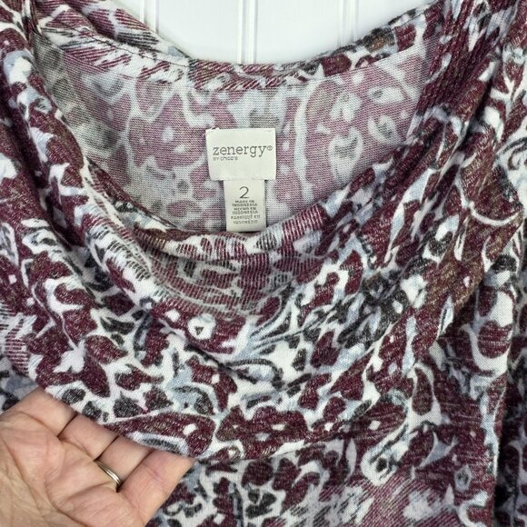 Chicos Zenergy Tunic Top Womens Large 2 Red Paisley Cowl Neck Stretch Boho Artsy - Picture 5 of 9